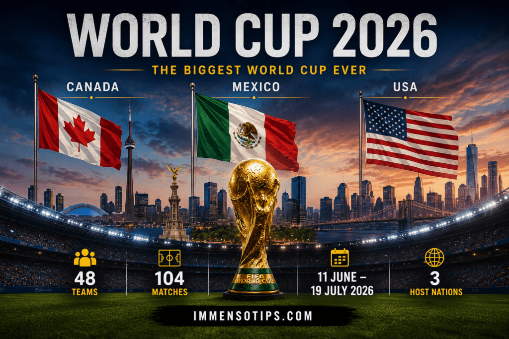 World Cup 2026 guide showing Canada, Mexico and USA as hosts with 48 teams, 104 matches and tournament dates
