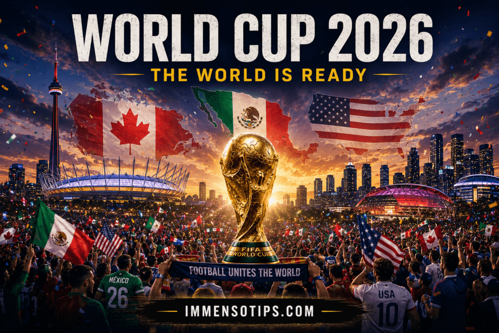 World Cup 2026 poster showing Canada, Mexico and USA with a trophy, fans and the text the world is ready