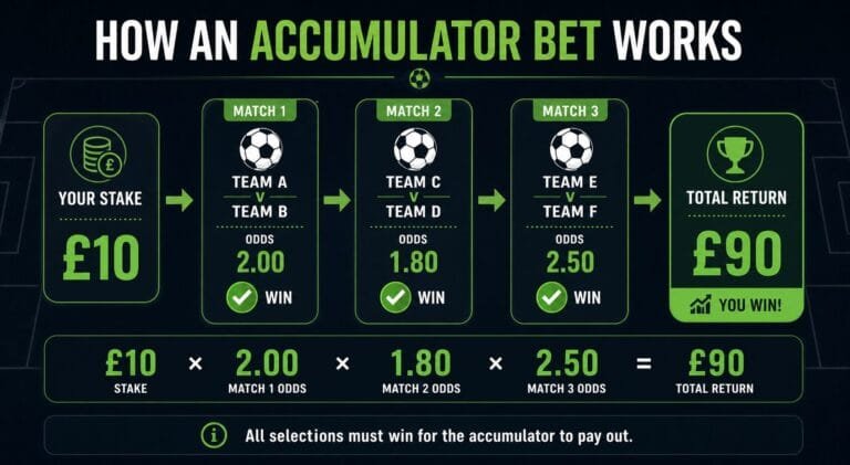 How an accumulator bet works infographic showing stake rolling through three selections